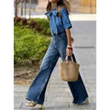 MQTIME  -  Women's Vintage Blue High Waist Jeans Autumn Full Length Urban Casual Straight Leg Denim Pants Trousers Bottoms