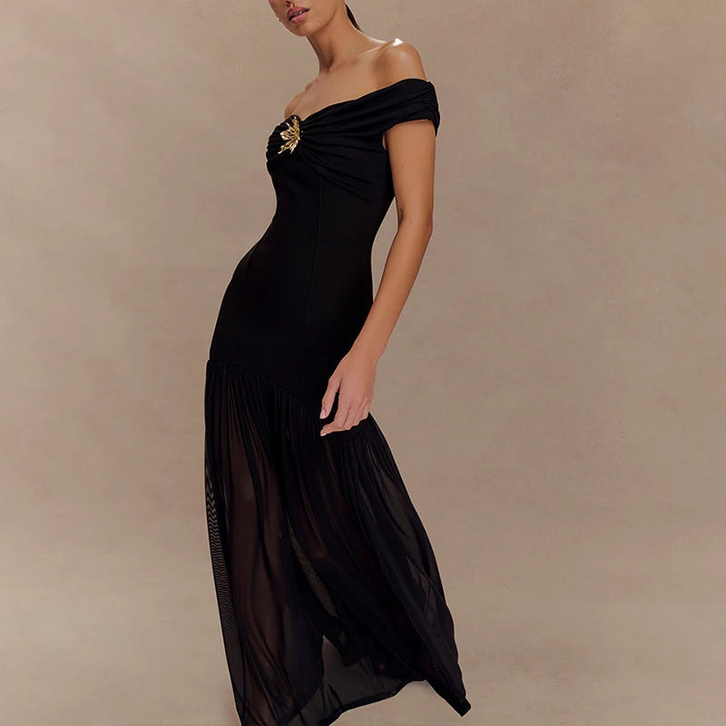 MQTIME  -  French Style Chest Floral Pure Color Spliced Dress Chic New Pleat Wrap Hips Dress Elegant Tube Top Sleeveless Banquet Long Dress