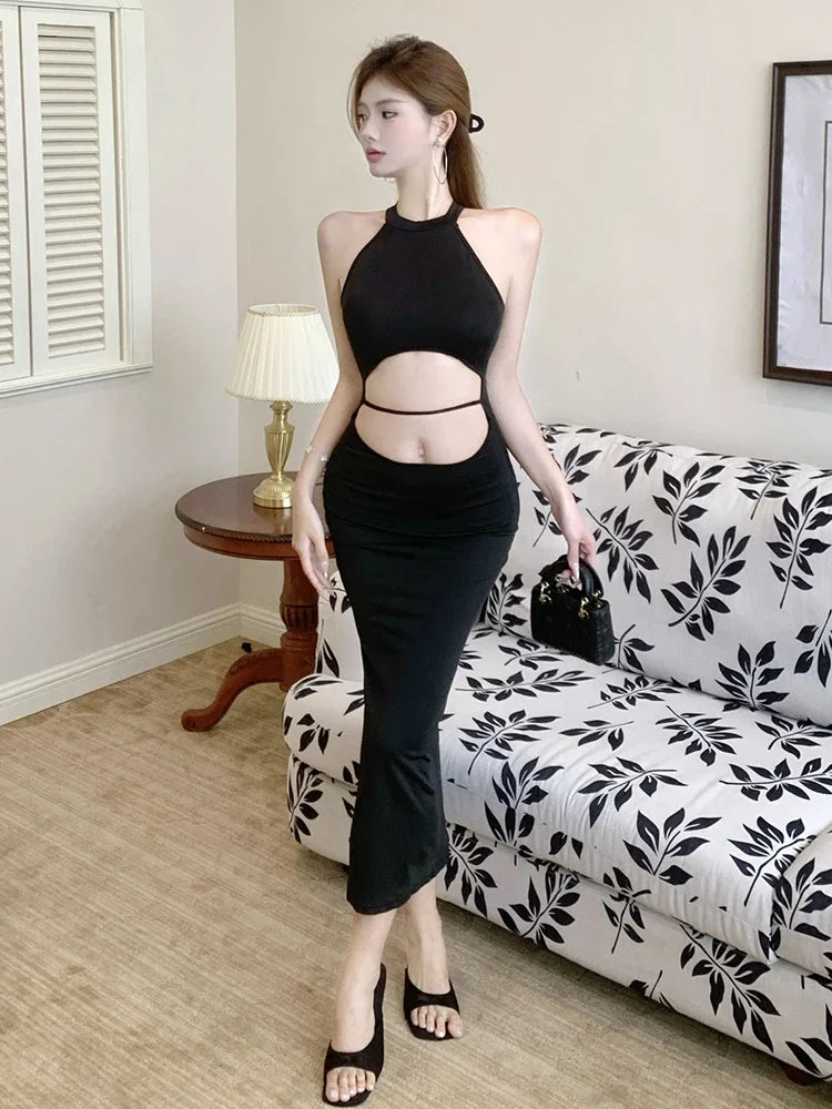 MQTIME  -  Hollow Out Sexy Crop Dress Women Slim Fit American Hotsweet Black Patchwork Dress Summer Sleeveless Halter Simple Knit Dress
