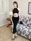 MQTIME  -  Hollow Out Sexy Crop Dress Women Slim Fit American Hotsweet Black Patchwork Dress Summer Sleeveless Halter Simple Knit Dress