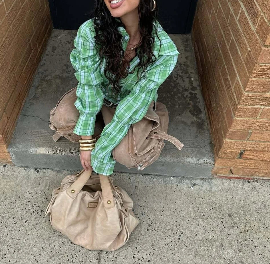 MQTIME  -  Spring 2025 New Style Checked Fitted Blouse for Ladies with Pleated Sleeves and Shirt Design streetwear dress for women