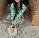 MQTIME  -  Spring 2025 New Style Checked Fitted Blouse for Ladies with Pleated Sleeves and Shirt Design streetwear dress for women