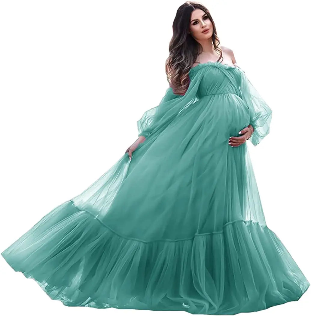MQTIME  -  Puffy Sleeve Maternity Dress Tulle Robe With Underskirt for Photoshoot Off Shoulder Pregnancy Baby Shower Gown