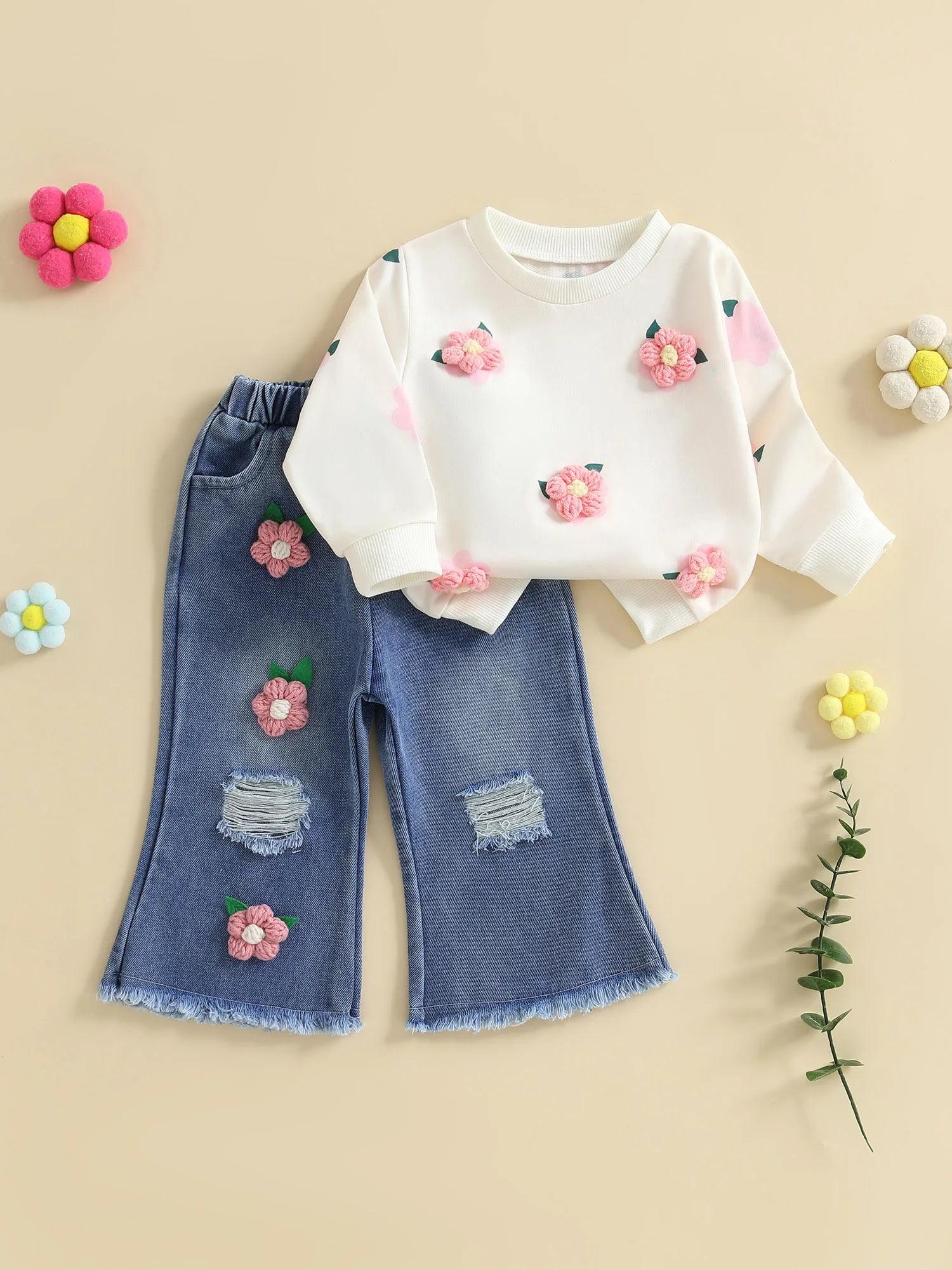 MQTIME  -  Girls Autumn Fashion Floral Print Hoodie and Distressed Denim Flare Pants Set for Toddlers