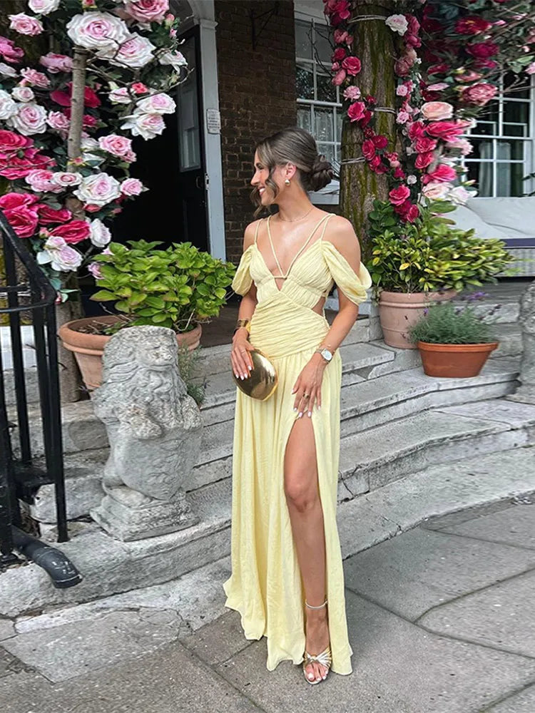 MQTIME  -   Elegant Women's Butter Yellow Maxi Dress Off-Shoulder  Plunge Ruched Waist Side Cutout High Side Slit Formal Evening Party Gown