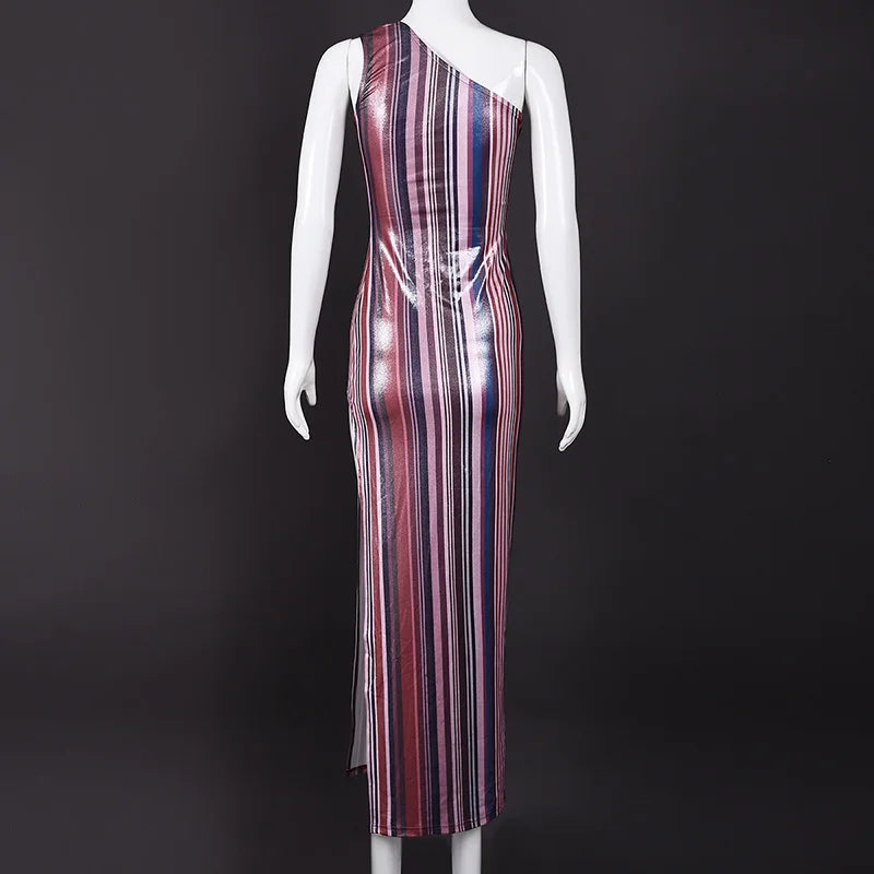 MQTIME  -  Elegant Slant Neck Irregular Wrap Hip Dress Women Fashion Striped Stamped Slim Fit Long Dress Sexy Split Sleeveless Party Dress