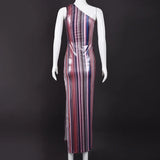 MQTIME  -  Elegant Slant Neck Irregular Wrap Hip Dress Women Fashion Striped Stamped Slim Fit Long Dress Sexy Split Sleeveless Party Dress