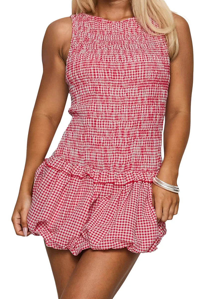 MQTIME  -  Elegant Floral Print Sleeveless Dress with Ruffled Hem Perfect for Summer Parties and Beach Club Outings