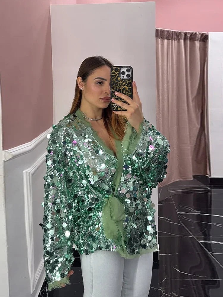 MQTIME  -   Luxury Sequin Oversized Wrap Jacket Fringe Trim Tie-Waist V-Neck Sparkly Coat Women's Casual Party Club Streetwear Outfits
