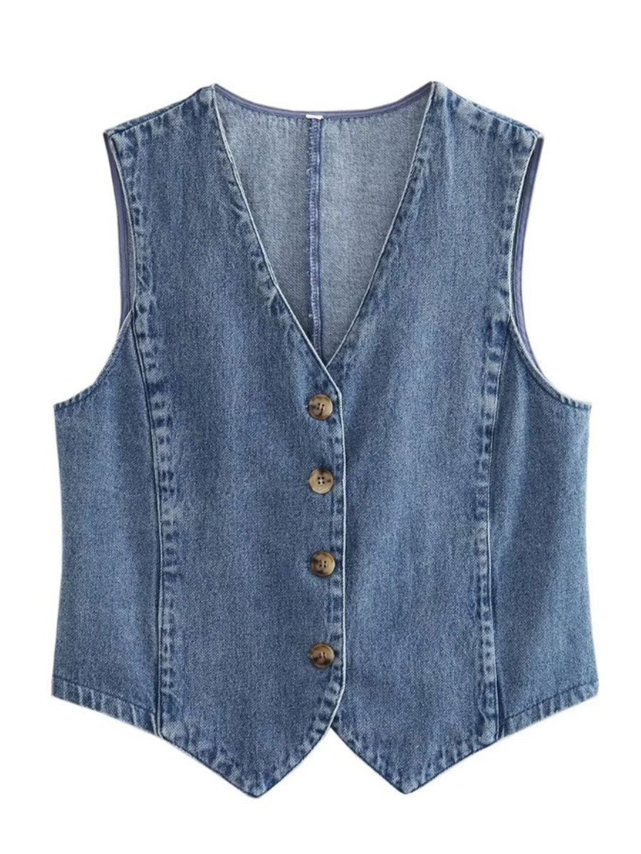 MQTIME  -  Women's Y2K Vintage Denim Waistcoat Sleeveless V-Neck Cropped Vest Tank Tops Button Up Jean Retro Cropped Jackets