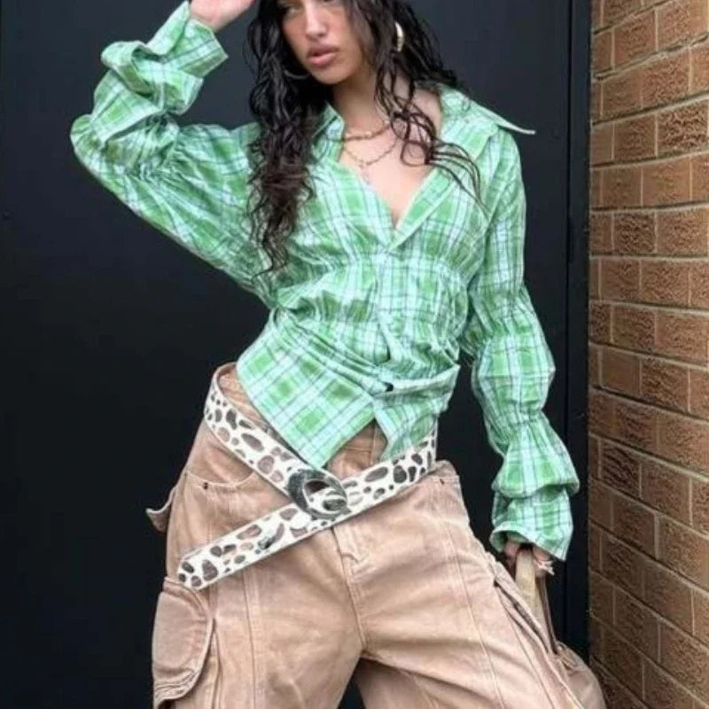 MQTIME  -  Spring 2025 New Style Checked Fitted Blouse for Ladies with Pleated Sleeves and Shirt Design streetwear dress for women