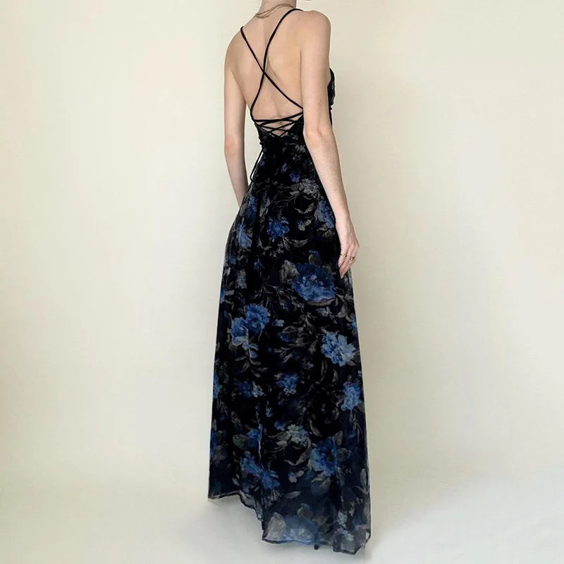 MQTIME  -  Retro printed cross backless mesh double-layer camisole skirt, sexy sexy slit waist long skirt for spicy girls