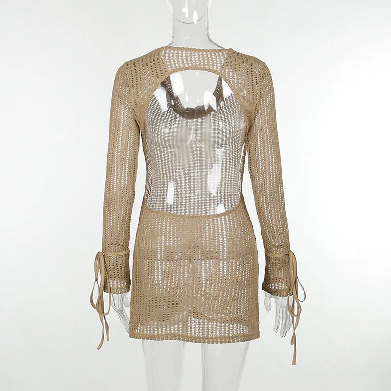 MQTIME  -  V Neck Backless Beach Mini Dress For Women Knitted Fishnet See Through  Long Sleeve Club Sexy Elastic Casual Party Vestidos