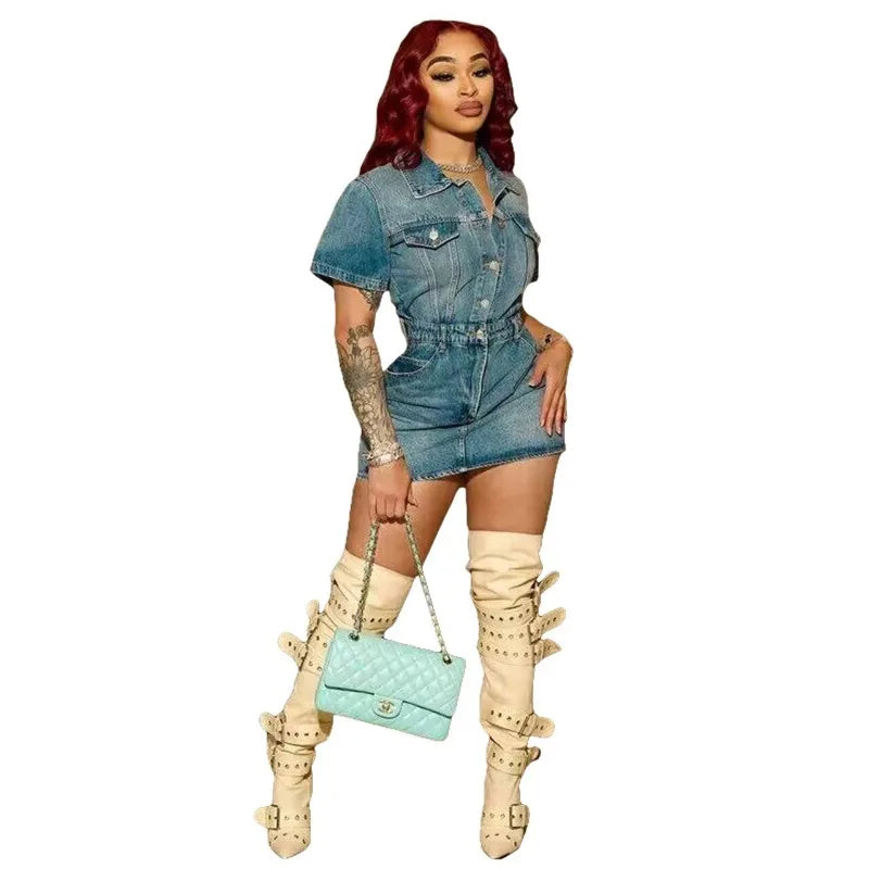 MQTIME  - Fashion Slim Stretch Mini Denim Dress Women 2024 Spring Summer Turn Down Collar Short Sleeve Button Bodycon Casual Jeans Dresses