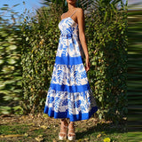 MQTIME  -  Vintage Plant Printed Spaghetti Strap Long Dress Casual Off Shoulder Sleeveless Vacation Dress Women New Summer Big Hem Dresses