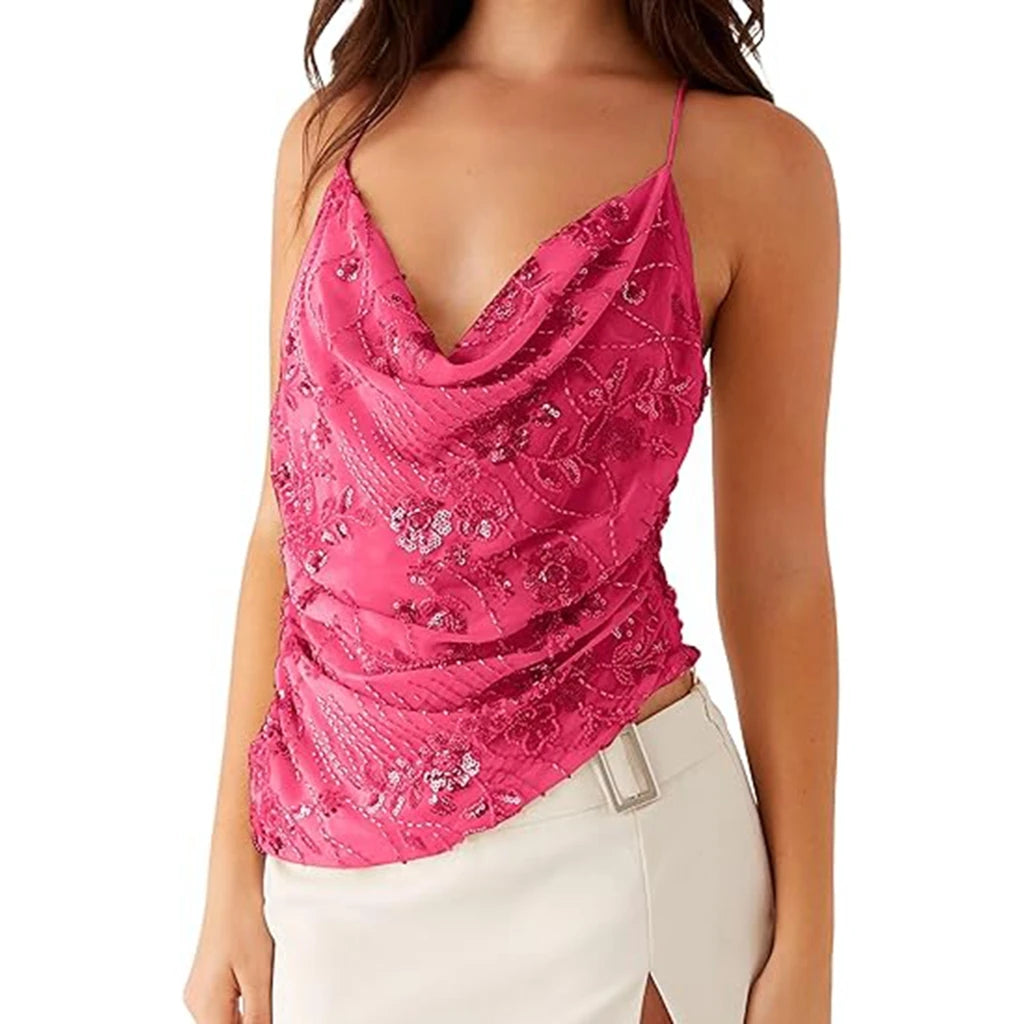 MQTIME  -  Women Summer Flower Embellished Sequin Beading Camisole Top Cowl Neck Thin Straps Open Back Asymmetrical Hem Vest