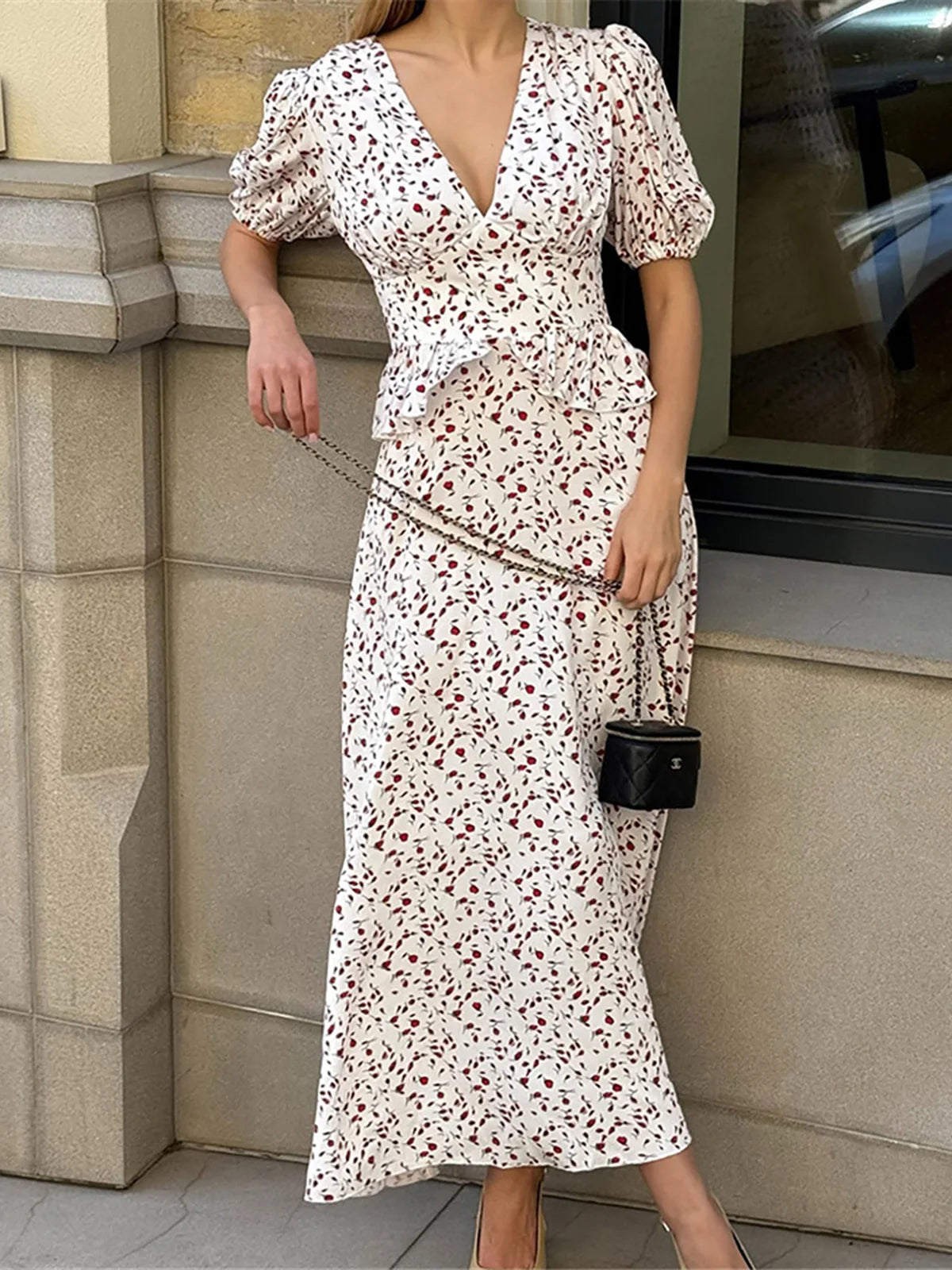 MQTIME  -  Flowers Printed V-Neck Waist Hugging Long Dress Female Puff Sleeve Elegant Fashion Dress Short Sleeve Slimming Women Dress D554