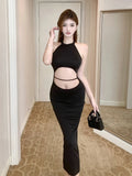 MQTIME  -  Hollow Out Sexy Crop Dress Women Slim Fit American Hotsweet Black Patchwork Dress Summer Sleeveless Halter Simple Knit Dress
