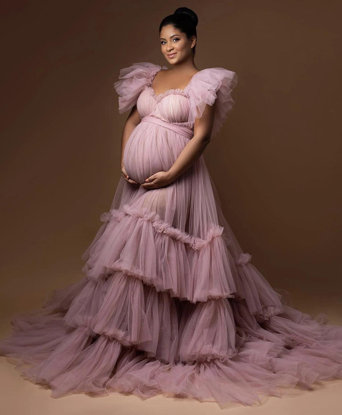 MQTIME  -  Ruffle Evening Dresses Women's Sweetheart Off Shoulder Pregnancy Bathgown Maternity Custom Made Tulle Robe for Photo Shoot