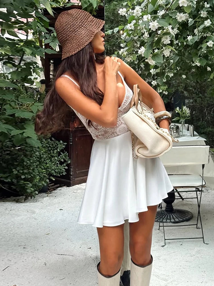 MQTIME  -  Sexy Lace Sling A-line Dress Women Patchwork Sleeveless Backless Slip Short Solid Dresses Female 2025 Summer Lady Mini Robes