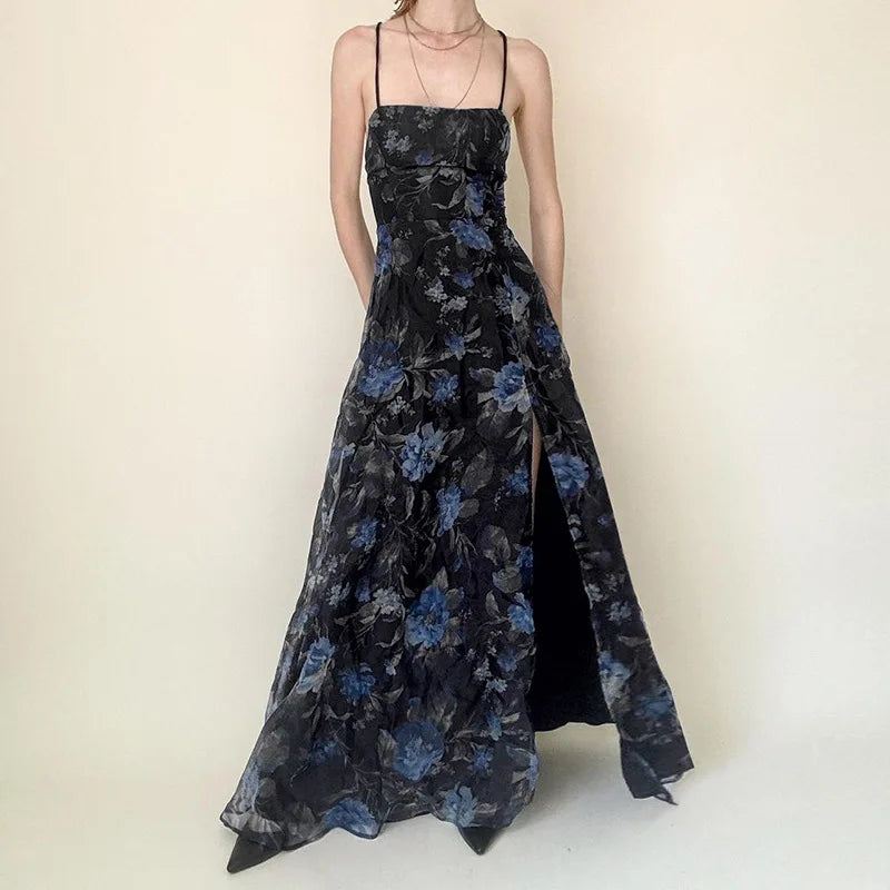 MQTIME  -  Retro printed cross backless mesh double-layer camisole skirt, sexy sexy slit waist long skirt for spicy girls
