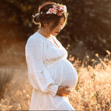 MQTIME  -  Photography Dress For Women Comfortable Linen Cotton Long Sleeved V-neck Dress Maternity Dresses For Photo Shoot Dress