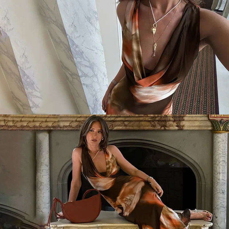 MQTIME  -  Elegant Swing Neck Low Cut Skinny Long Dress Women Sexy Sleeveless High Waist Party Dress Fashion Printed Draped Evening Dresses