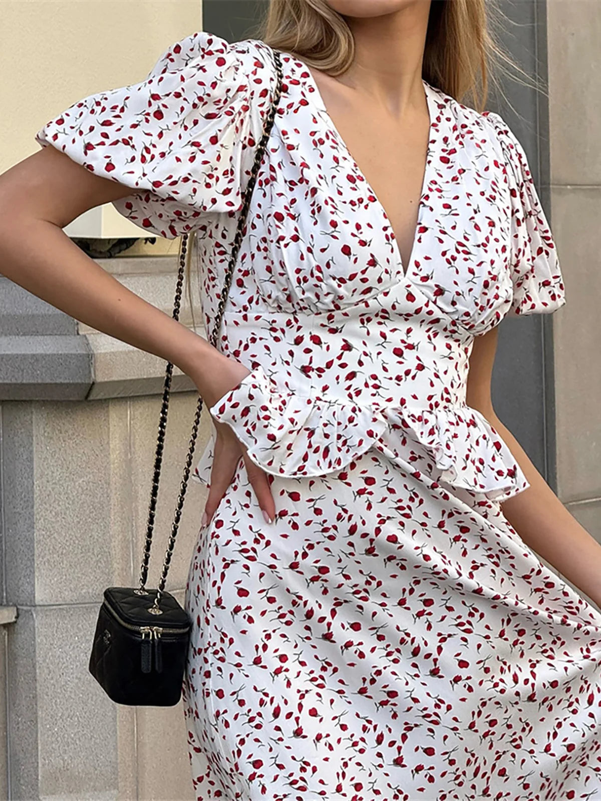 MQTIME  -  Flowers Printed V-Neck Waist Hugging Long Dress Female Puff Sleeve Elegant Fashion Dress Short Sleeve Slimming Women Dress D554