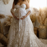 Mqtime Elegant Maternity Rose Floral Lace Dress For Photoshoot Photography Props Outfit Maxi Gown Pregnancy Babyshower Fotoshooting