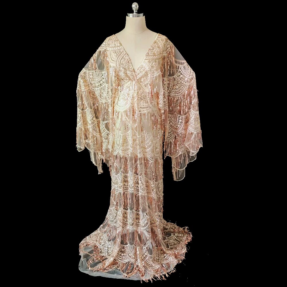 Mqtime Maternity Photography Gown Boho Style V-neck  Lace Sequin Tassel Pregnant Dress Baby Shower Party Dress For Photo Shoot Props