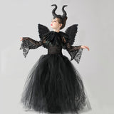 Kids Black Devil Tutu Costume Gothic Halloween Girls Fancy Tutu Dress with Feather Shawl Royal Dark Queen Maleficent Gown Dress