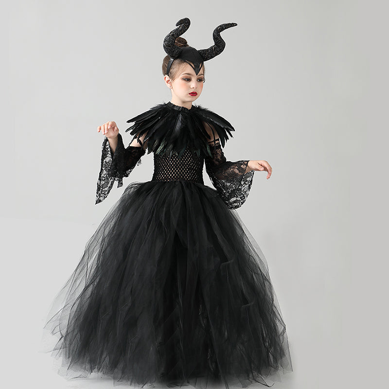 Kids Black Devil Tutu Costume Gothic Halloween Girls Fancy Tutu Dress with Feather Shawl Royal Dark Queen Maleficent Gown Dress
