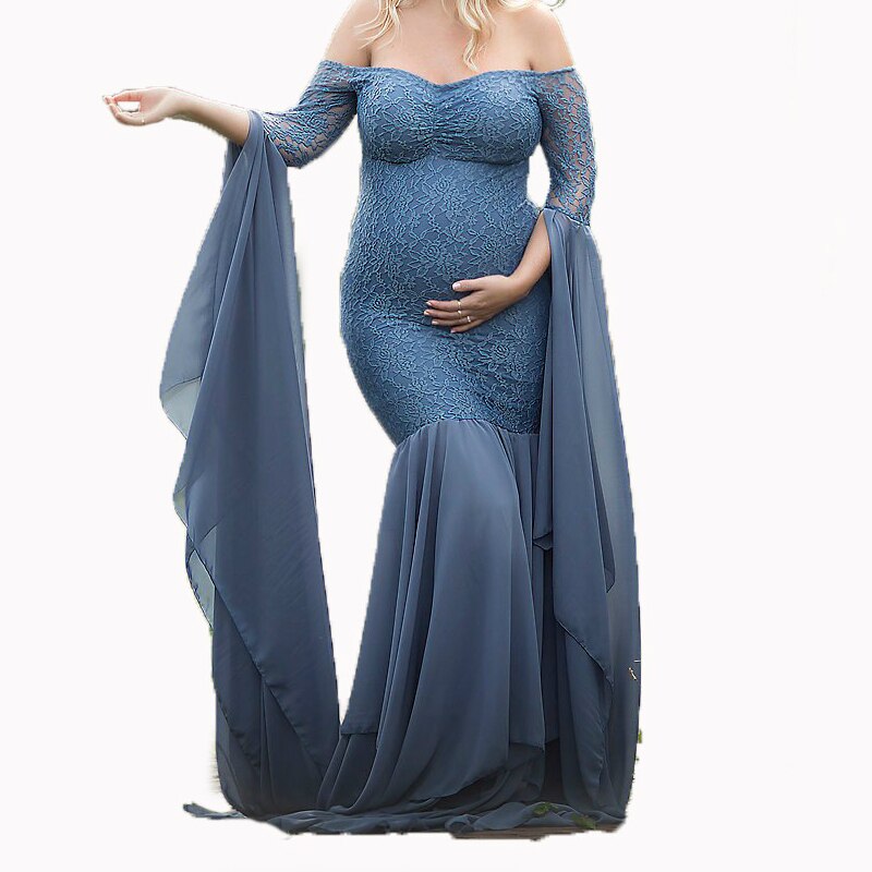 Mqtime Long Maternity Photography Props Women's Lace Stitching Pregnant Women's Long Sleeve Dress Flying Sleeve Dress  for Photo Shoot