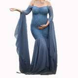Mqtime Long Maternity Photography Props Women's Lace Stitching Pregnant Women's Long Sleeve Dress Flying Sleeve Dress  for Photo Shoot