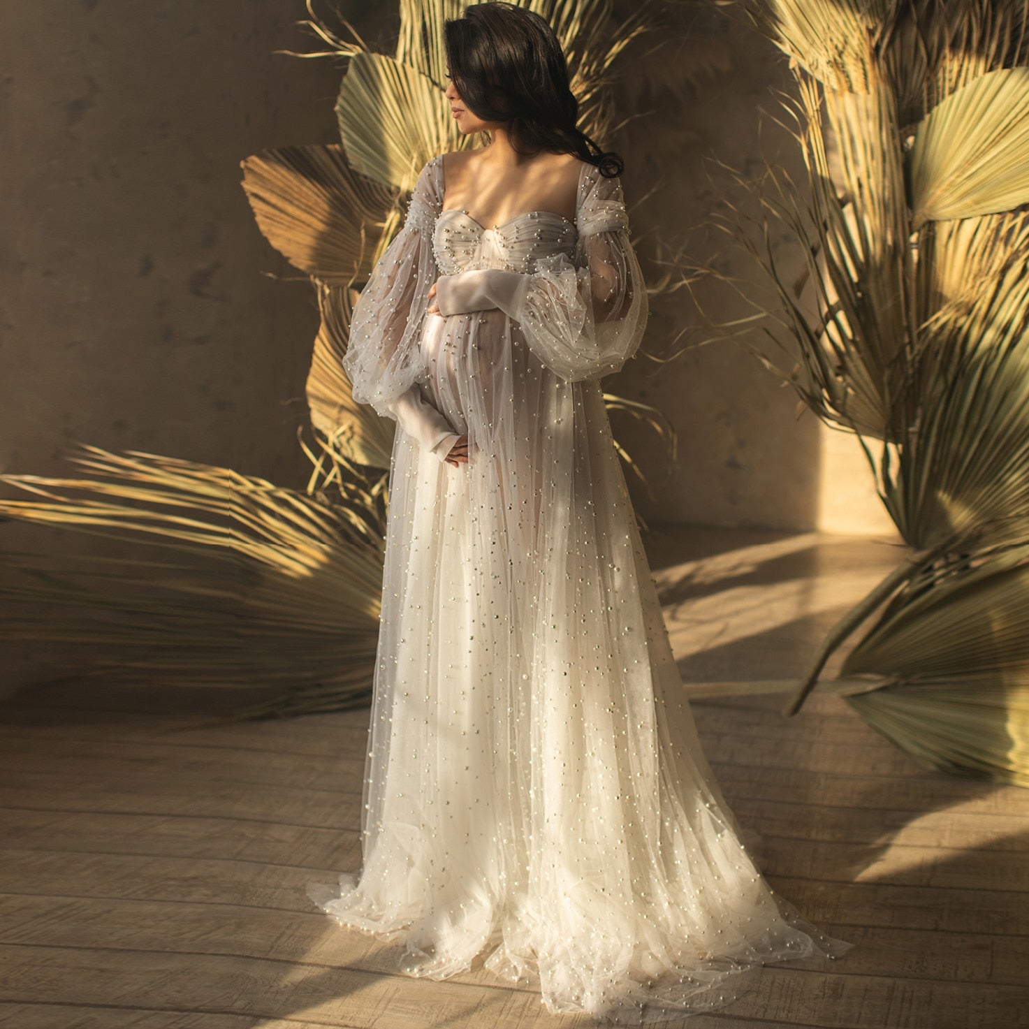 Mqtime Haute Couture Pearls Tulle Maternity Dress Luxurious Puffy Sleeves Photo Shooting Gowns See Thru Pearls Women Maternity Dresses