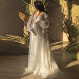 Mqtime Haute Couture Pearls Tulle Maternity Dress Luxurious Puffy Sleeves Photo Shooting Gowns See Thru Pearls Women Maternity Dresses