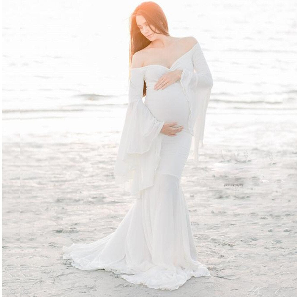 Mqtime Ruffle Cute Maternity Dresses Photography Long Pregnancy Shoot Maxi Gown For Baby Shower Party Evening Pregnant Women Photo Prop