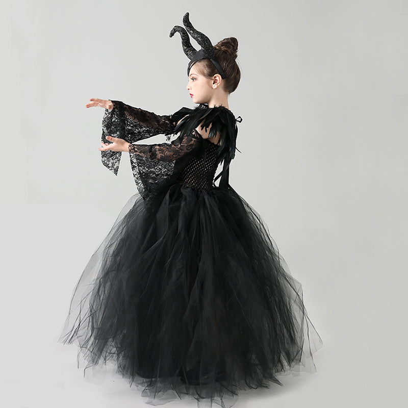 Kids Black Devil Tutu Costume Gothic Halloween Girls Fancy Tutu Dress with Feather Shawl Royal Dark Queen Maleficent Gown Dress