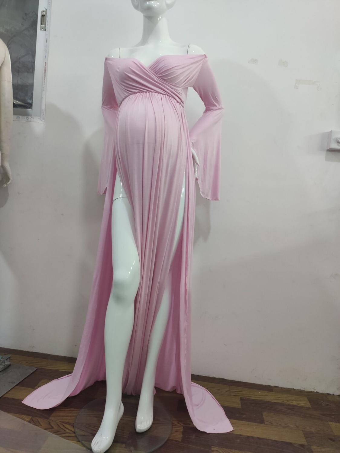 Mqtime Cotton Maternity Dresses for Photo Shoot Sexy Shouldless Ruffle Pregnant Dresses for Women Puff Sleeve Maxi Long Pregnancy Dress