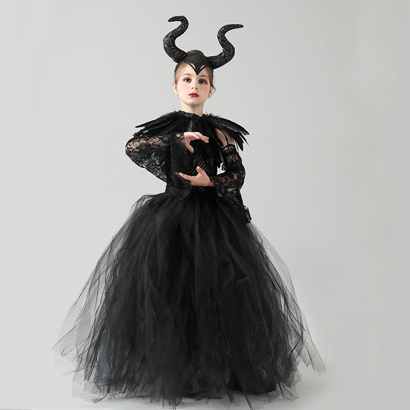 Kids Black Devil Tutu Costume Gothic Halloween Girls Fancy Tutu Dress with Feather Shawl Royal Dark Queen Maleficent Gown Dress