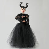 Kids Black Devil Tutu Costume Gothic Halloween Girls Fancy Tutu Dress with Feather Shawl Royal Dark Queen Maleficent Gown Dress