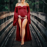 Mqtime Long Maternity Photography Props Women's Lace Stitching Pregnant Women's Long Sleeve Dress Flying Sleeve Dress  for Photo Shoot