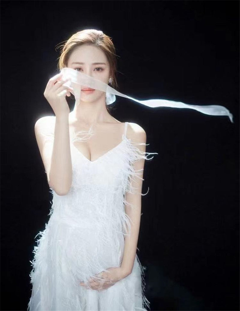 Mqtime  Women Photography Props Feathers White Elegant Maternity Dresses Sleeveless Pregnancy Dress Studio Shooting Photo Props
