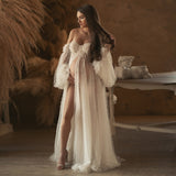Mqtime Haute Couture Pearls Tulle Maternity Dress Luxurious Puffy Sleeves Photo Shooting Gowns See Thru Pearls Women Maternity Dresses