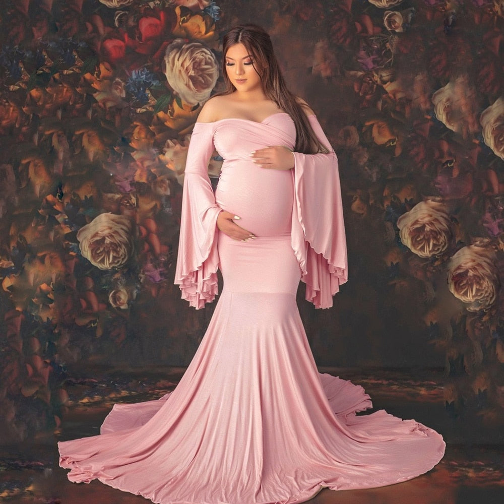 Mqtime Ruffle Cute Maternity Dresses Photography Long Pregnancy Shoot Maxi Gown For Baby Shower Party Evening Pregnant Women Photo Prop