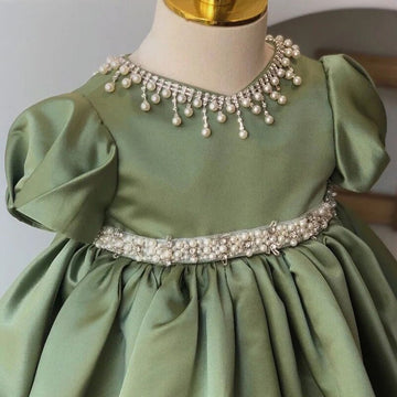 Mqtime 1st Birthday Kids Dress Wedding Party Vestidos Girls Dress Puff Sleeve Elegant Princess Kids Dresses For Girl Pearl Gowns 6m-12Y