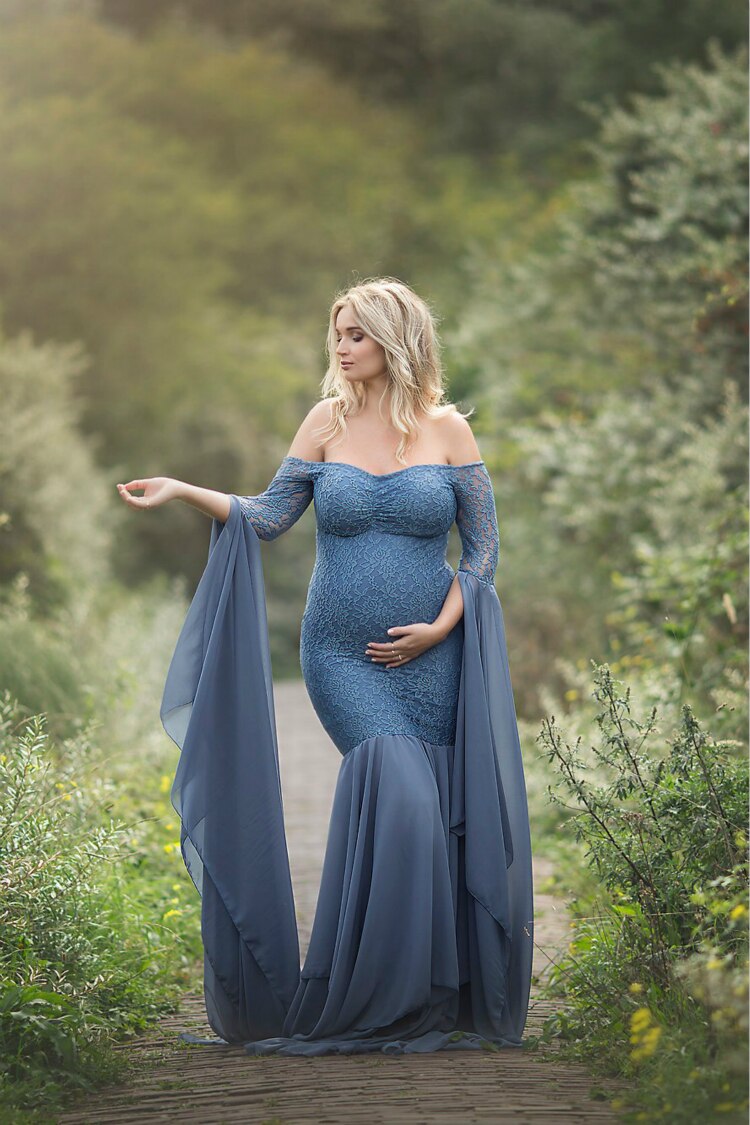 Mqtime Long Maternity Photography Props Women's Lace Stitching Pregnant Women's Long Sleeve Dress Flying Sleeve Dress  for Photo Shoot