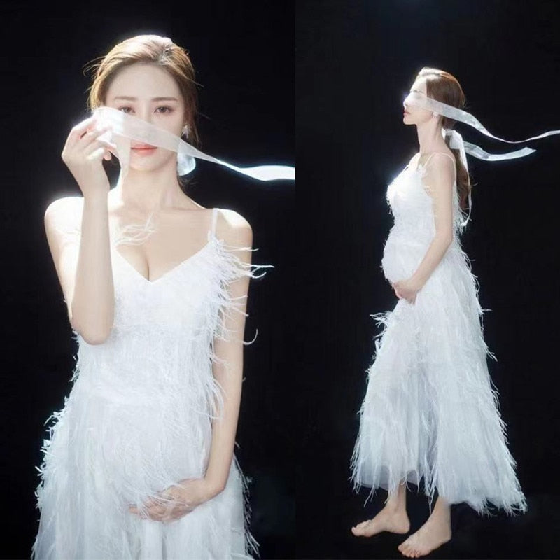 Mqtime  Women Photography Props Feathers White Elegant Maternity Dresses Sleeveless Pregnancy Dress Studio Shooting Photo Props