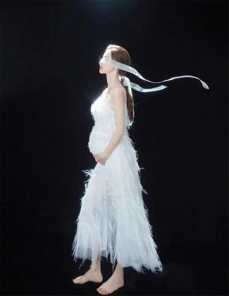 Mqtime  Women Photography Props Feathers White Elegant Maternity Dresses Sleeveless Pregnancy Dress Studio Shooting Photo Props