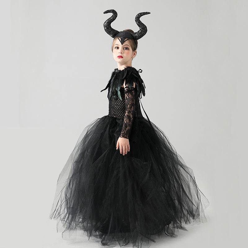 Kids Black Devil Tutu Costume Gothic Halloween Girls Fancy Tutu Dress with Feather Shawl Royal Dark Queen Maleficent Gown Dress